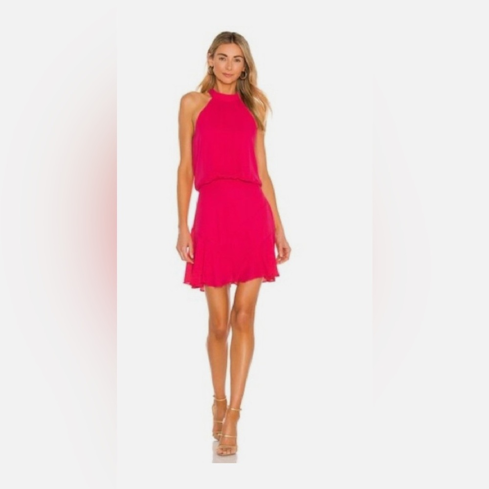 Krisa Bright Pink Halter Dress, Asymmetric Hem